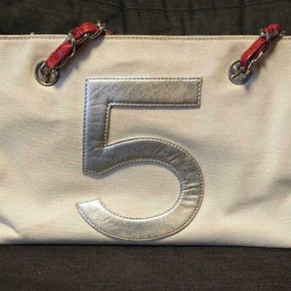 Auth CHANEL No 5 Canvas Leather Tote Shoulder Handbag Shopper Carrier Jumbo XL - Picture 2 of 4
